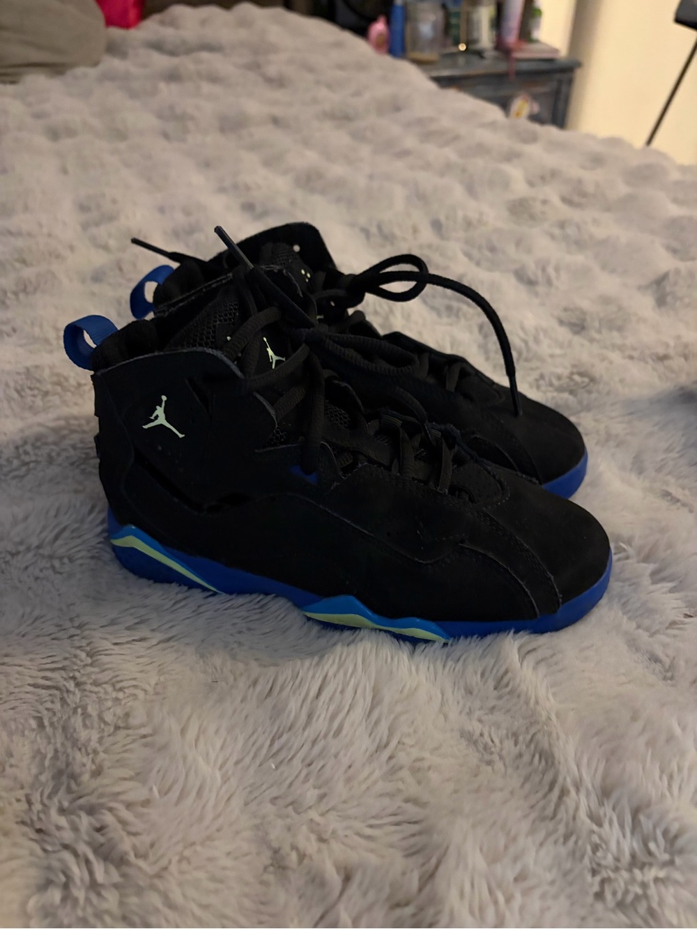 Jordan Kids Black and Blue High-Top Sneakers with Green Accent
